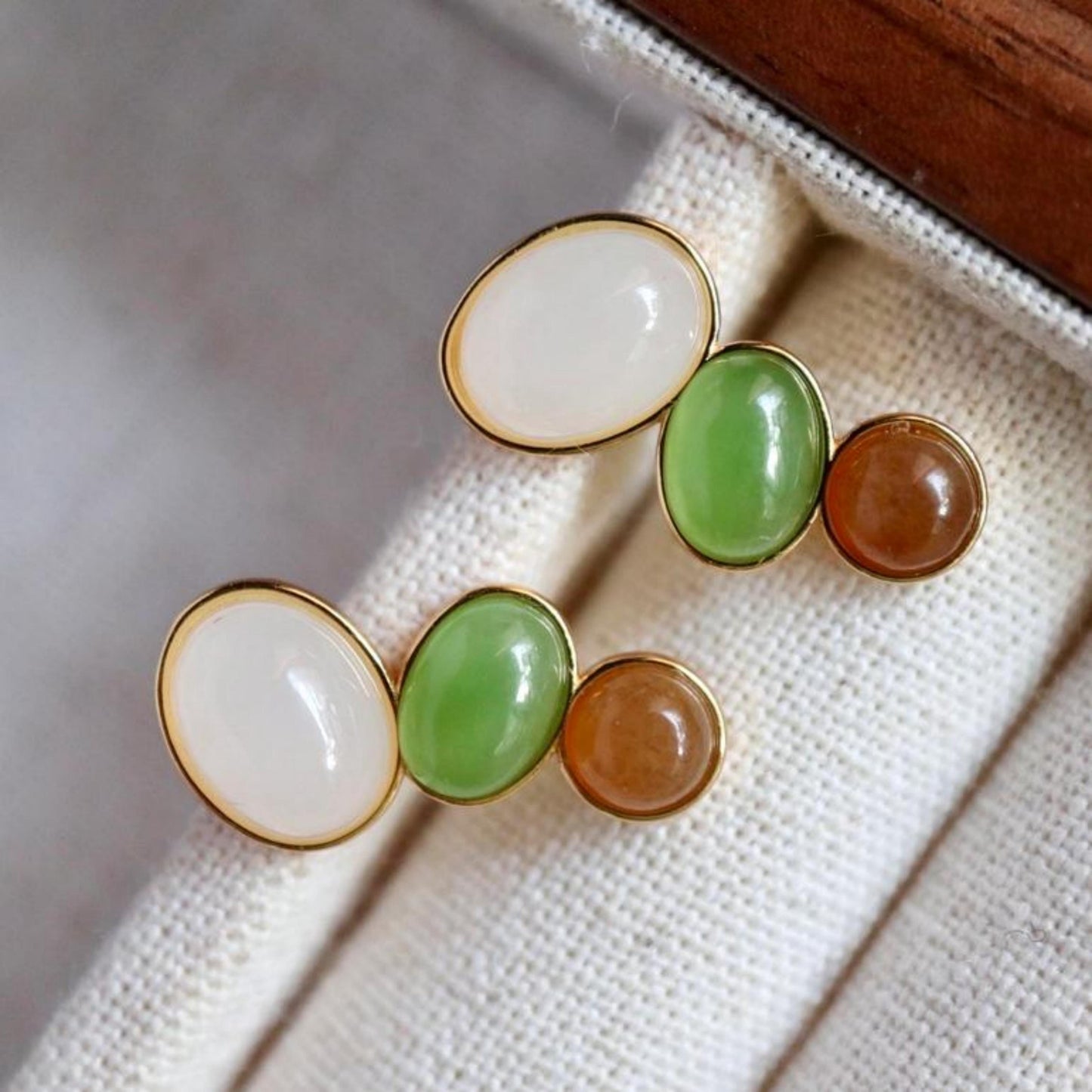 Natural green jade Stud Earrings /Sterling 925-Silver 18KGold-Plated white and red Nephrite Studs/Customize gift box/unique anniversary gift