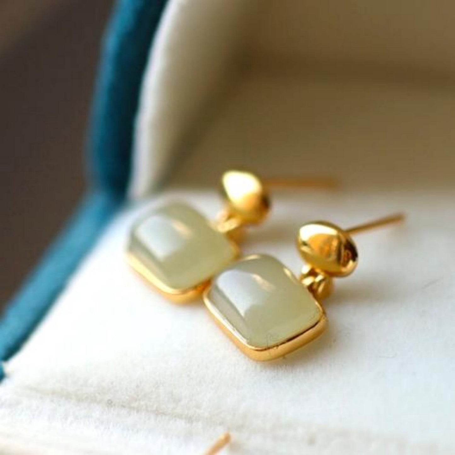 Natural gray jade Stud Earrings/Sterling 925 Silver 18K Gold-Plated Nephrite Studs/Customize gift box/anniversary gift/French style earrings