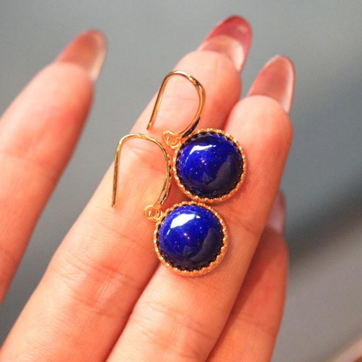 Natural Lapis lazuli dangle Earrings/Sterling 925-Silver Gold-Plated round Lapis lazuli retro drops/Customize gift box/anniversary gift