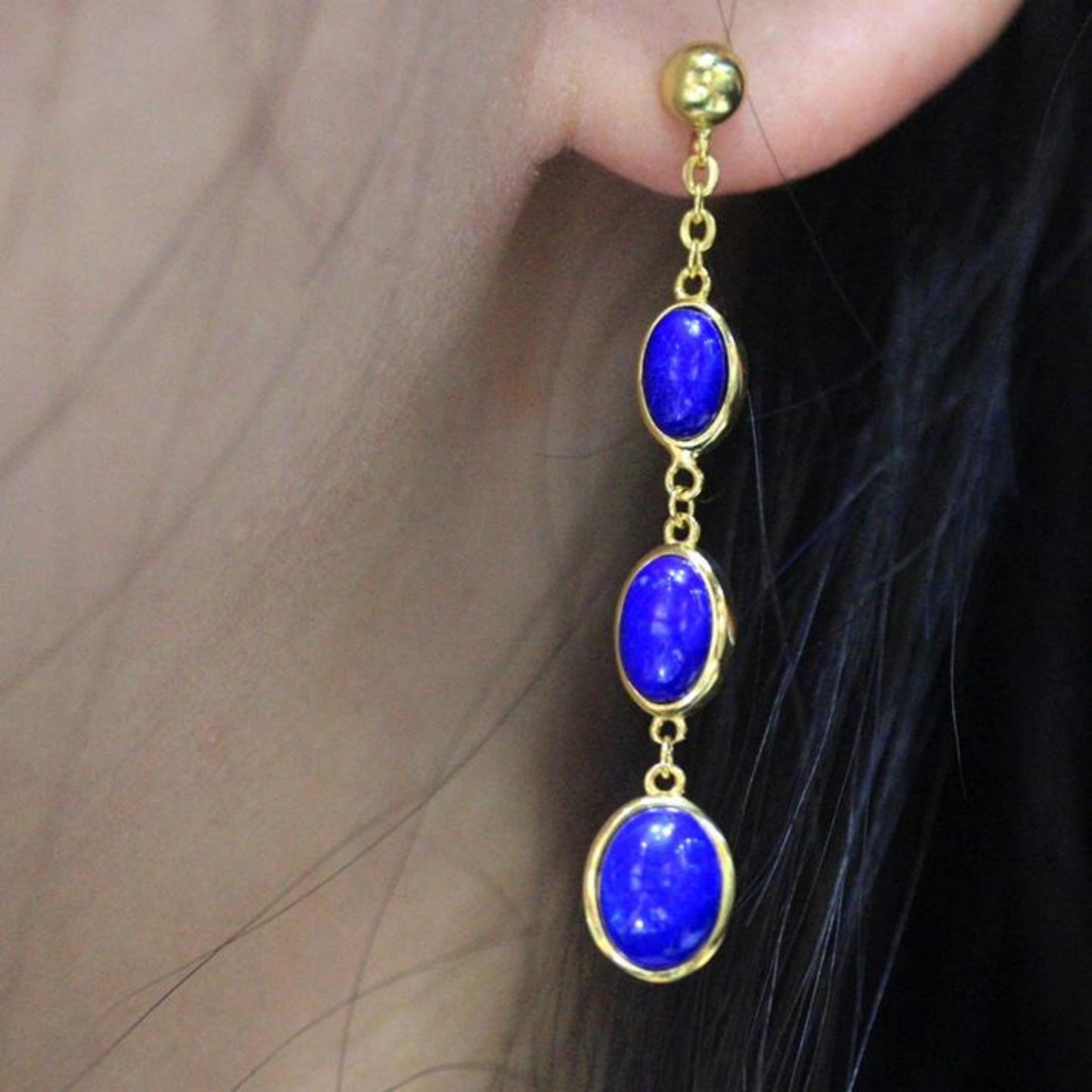 Natural Lapis lazuli dangle Earrings/Sterling 925-Silver Gold-Plated oval Lapis lazuli retro drops/Customize gift box/anniversary gift