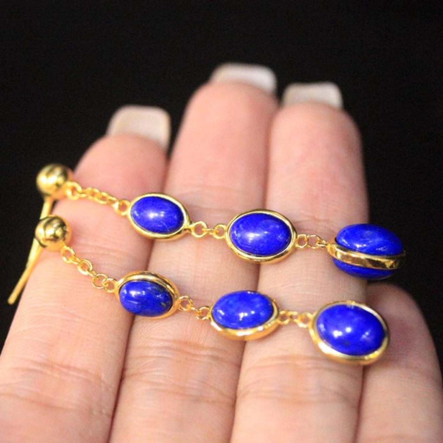 Natural Lapis lazuli dangle Earrings/Sterling 925-Silver Gold-Plated oval Lapis lazuli retro drops/Customize gift box/anniversary gift