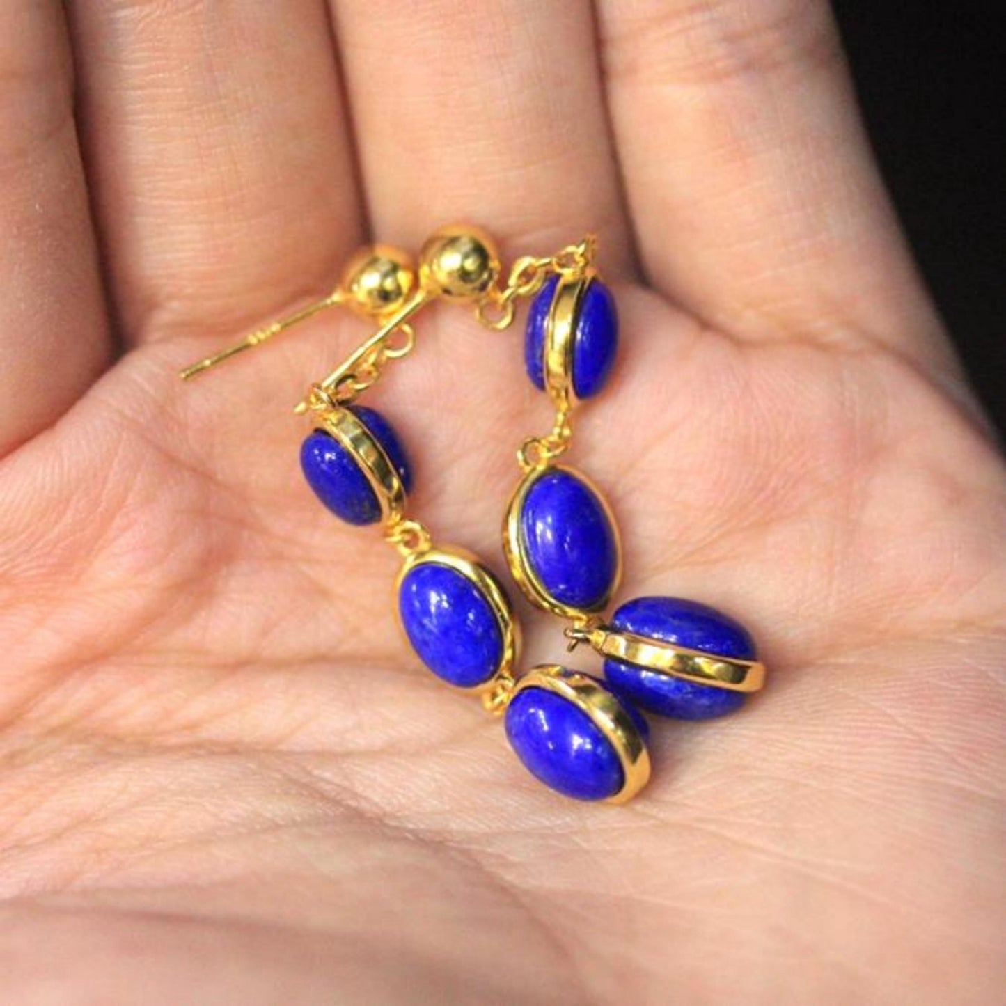 Natural Lapis lazuli dangle Earrings/Sterling 925-Silver Gold-Plated oval Lapis lazuli retro drops/Customize gift box/anniversary gift