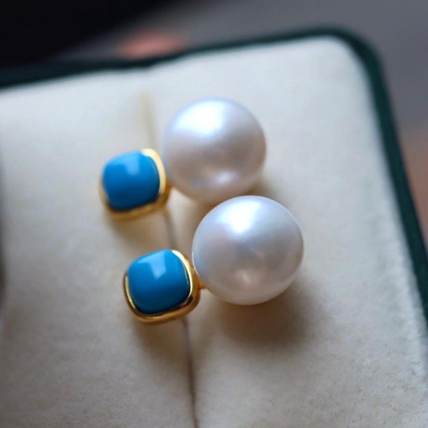 Natural pearl Stud Earrings /Sterling 925Silver 18KGold-Plated pearl Turquoise Stud/Customize gift box/June birthstone gift/anniversary gift