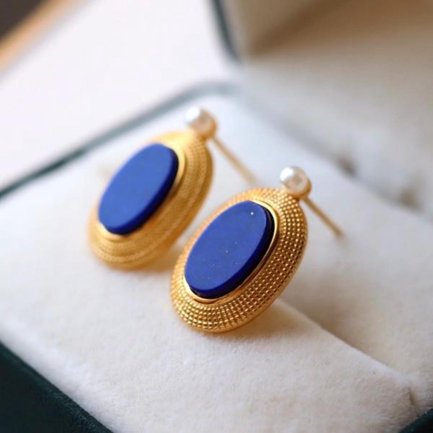 Natural Lapis lazuli Stud Earrings/Sterling 925 Silver Gold-Plated Lapis lazuli Studs/Customize gift box/anniversary gift/retro court studs