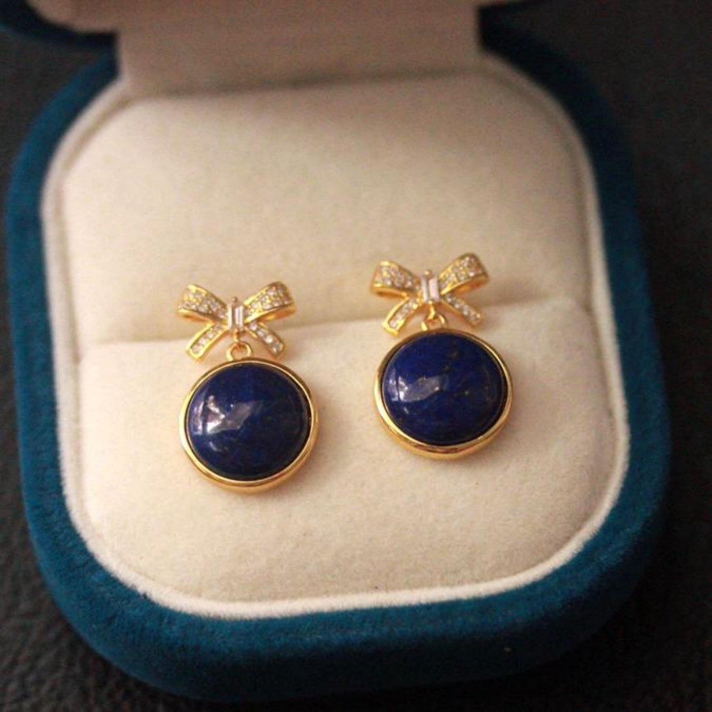 Natural Lapis lazuli dangle Earrings/Sterling 925-Silver Gold-Plated round Lapis lazuli drops/Customize gift box/anniversary gift for her