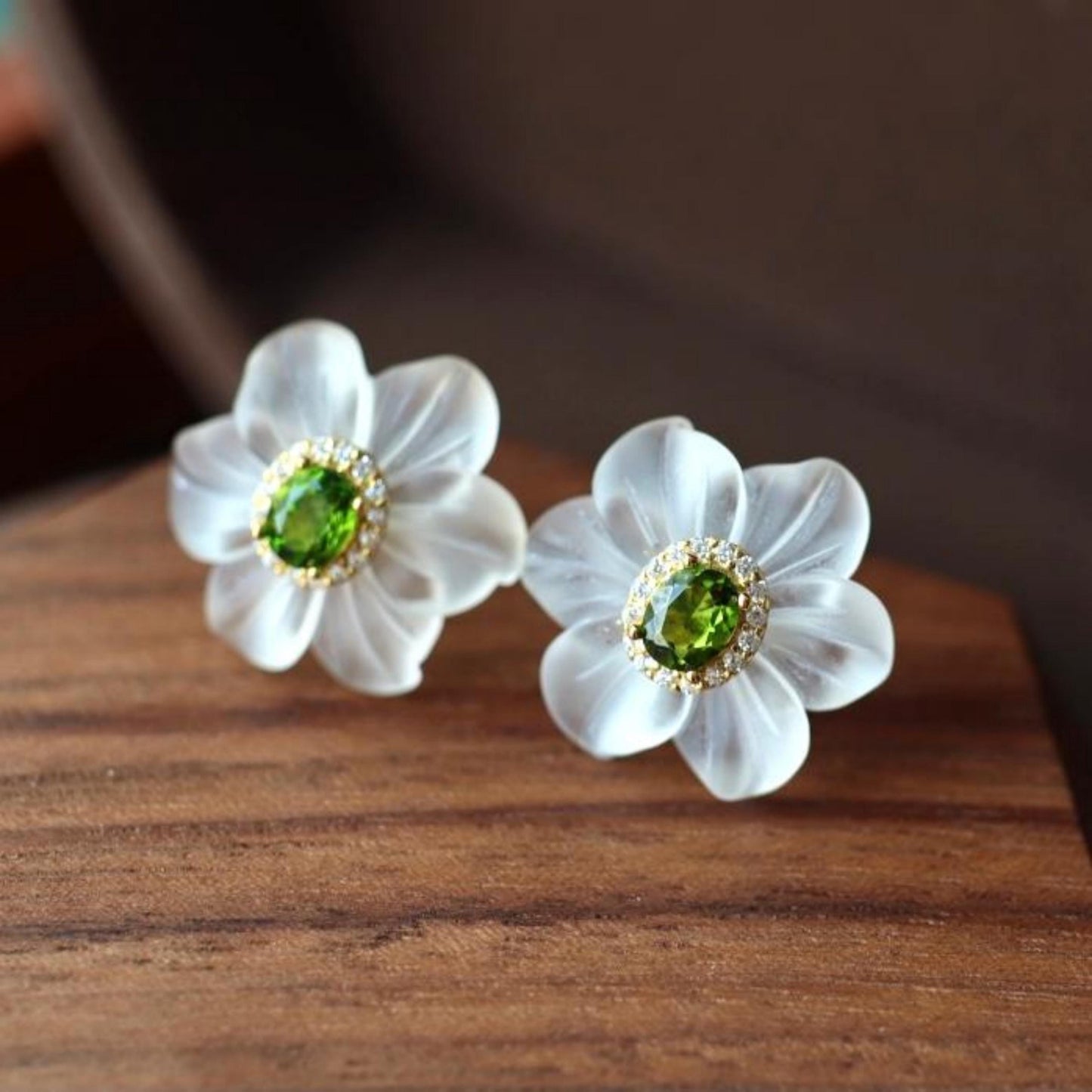 Natural Diopside Stud Earrings with white crystal/Sterling 925Silver 18K Gold-Plated crystal floral Stud/Customize gift box/anniversary gift