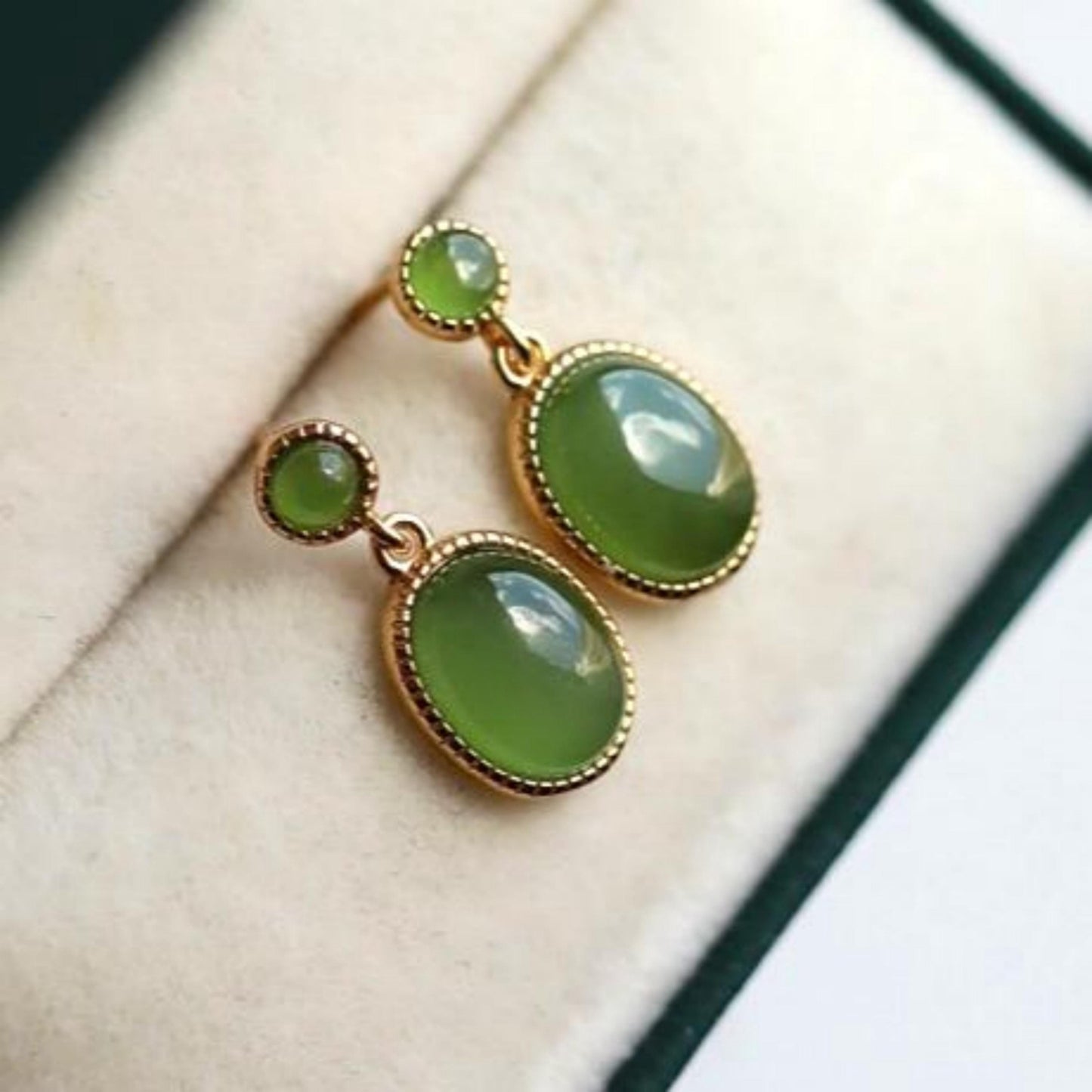 Natural green jade Earrings/Sterling 925 Silver 18K Gold-Plated oval jade drops/Customize gift box/anniversary retro raw jade earrings