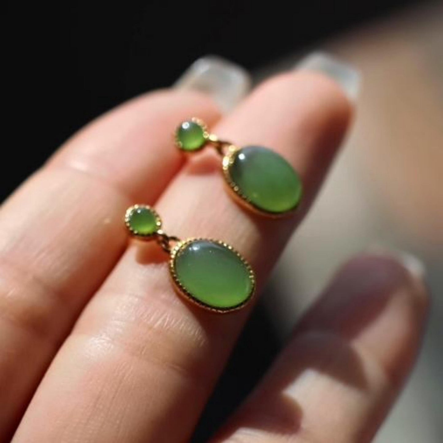 Natural green jade Earrings/Sterling 925 Silver 18K Gold-Plated oval jade drops/Customize gift box/anniversary retro raw jade earrings