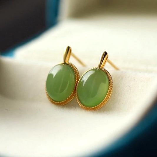 Natural green jade Earrings/Sterling 925 Silver 18K Gold-Plated oval jade drops/Customize gift box/anniversary gift/retro earrings/vintage