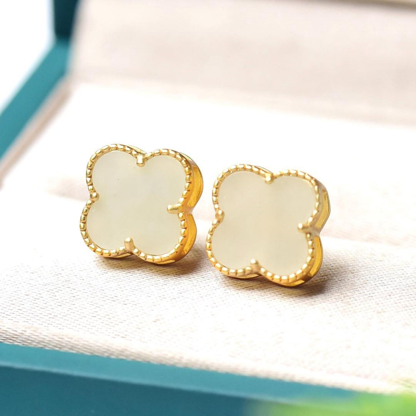 Natural white Nephrite stud Earrings/Sterling 925 Silver 18K Gold-Plated jade studs/Customize gift box/anniversary gift/Clover earrings