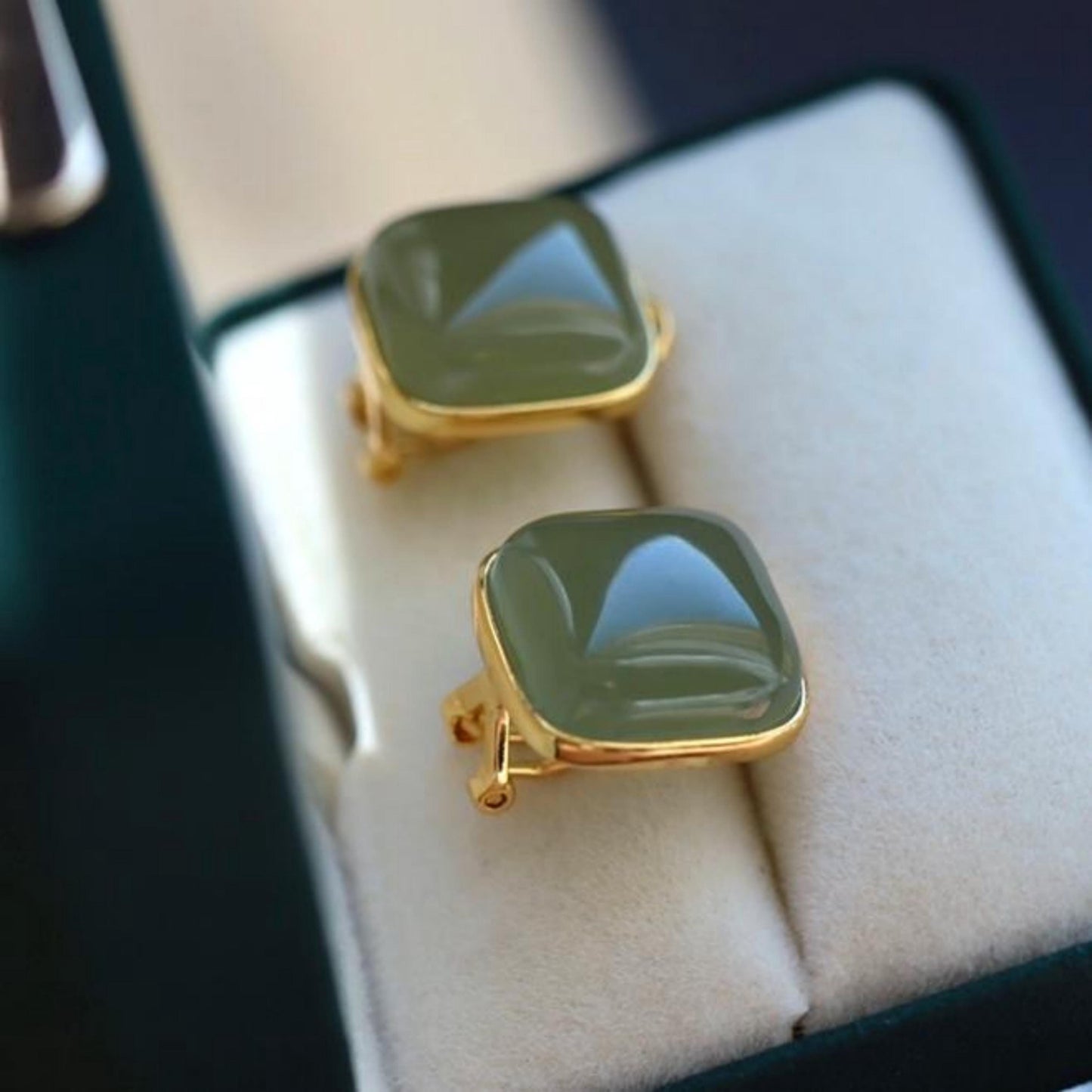 Natural green jade Earrings/Sterling 925 Silver 18K Gold-Plated cushion jade studs/Customize gift box/anniversary gift/minimalist vintage