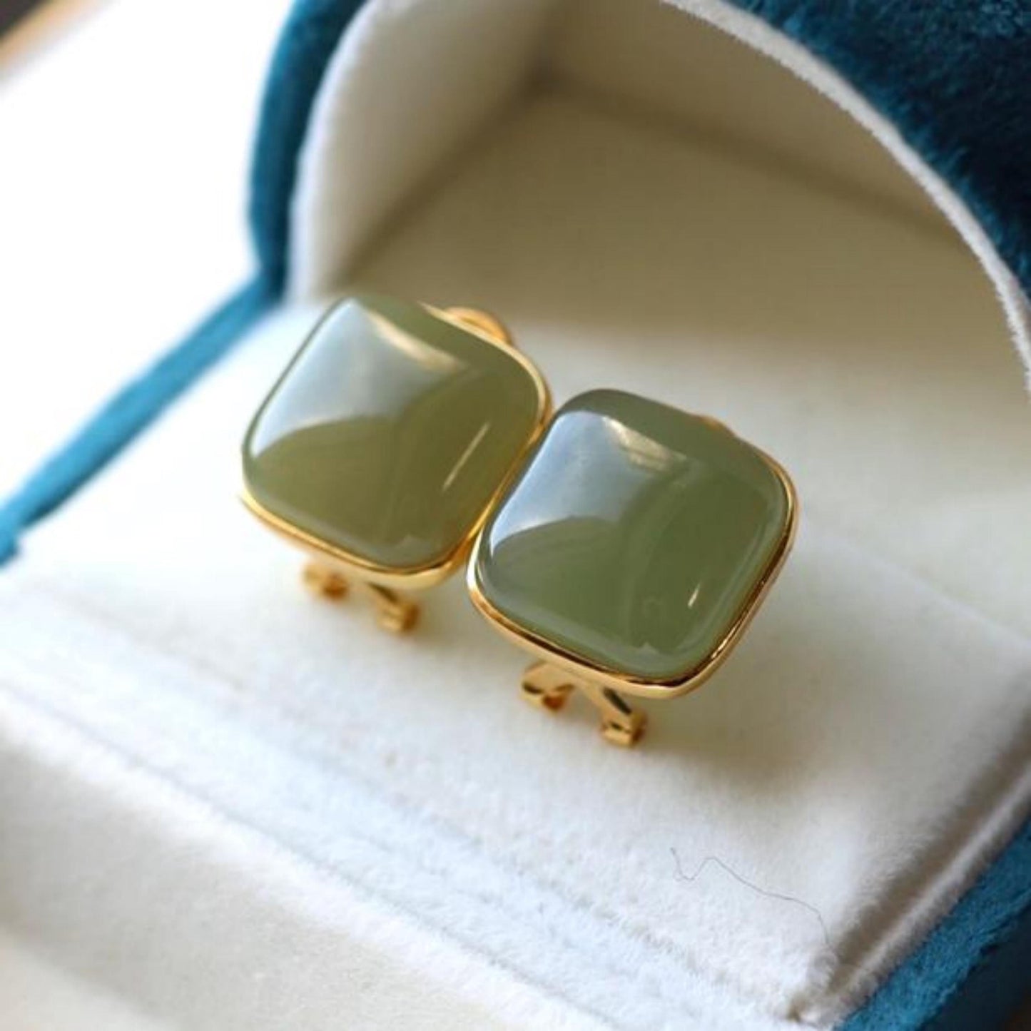 Natural green jade Earrings/Sterling 925 Silver 18K Gold-Plated cushion jade studs/Customize gift box/anniversary gift/minimalist vintage