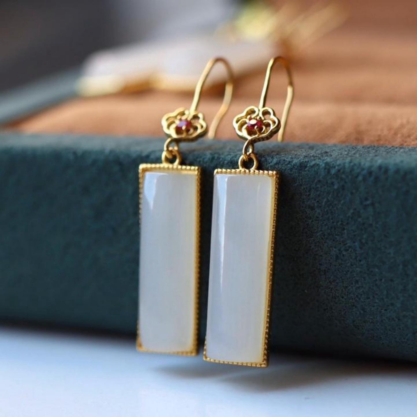 Natural white Nephrite dangle Earrings/Sterling 925Silver 18KGold-Plated jade drops/Customize gift box/anniversary retro raw jade drops