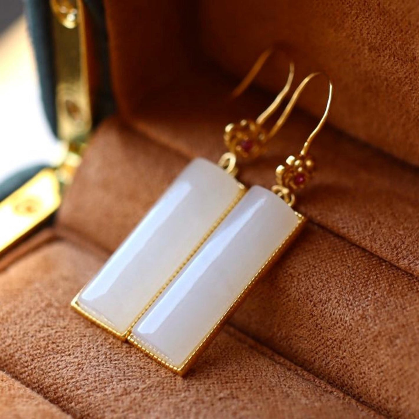 Natural white Nephrite dangle Earrings/Sterling 925Silver 18KGold-Plated jade drops/Customize gift box/anniversary retro raw jade drops