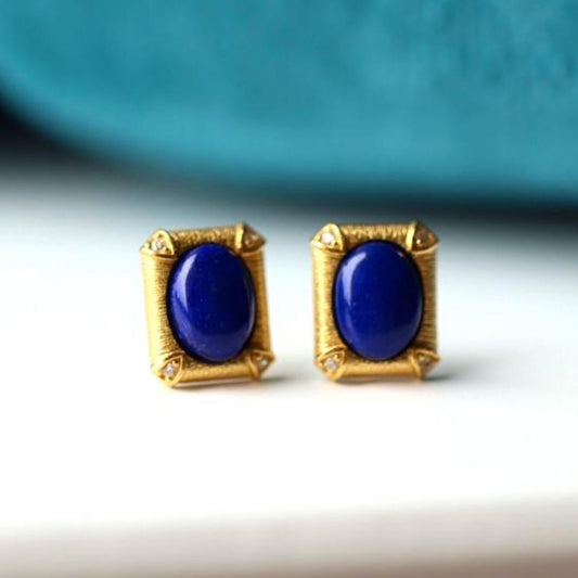 Natural Lapis lazuli Stud Earrings /Sterling 925-Silver Gold-Plated oval Lapis lazuli Studs/Customize gift box/anniversary gift/retro court