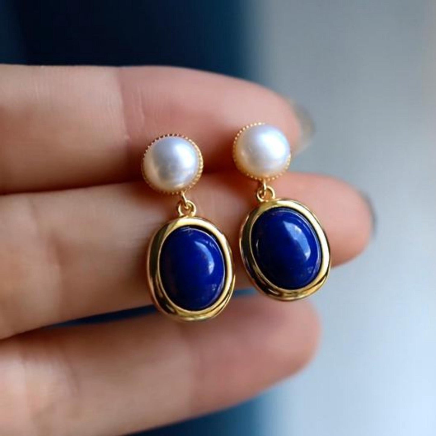 Natural Lapis lazuli dangle Earrings/Sterling 925 Silver 18k Gold-Plated Lapis lazuli drops with pearl/Customize gift box/anniversary gift