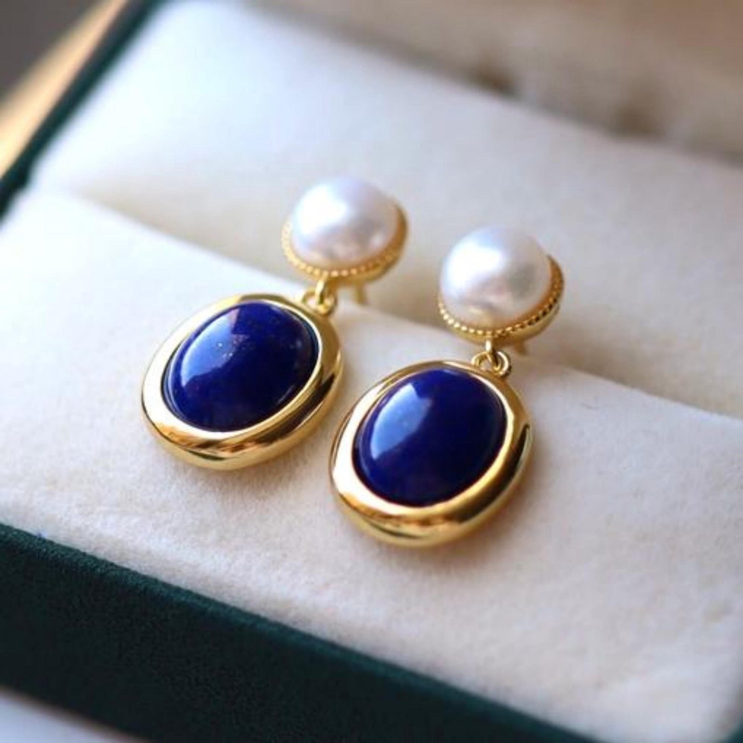 Natural Lapis lazuli dangle Earrings/Sterling 925 Silver 18k Gold-Plated Lapis lazuli drops with pearl/Customize gift box/anniversary gift