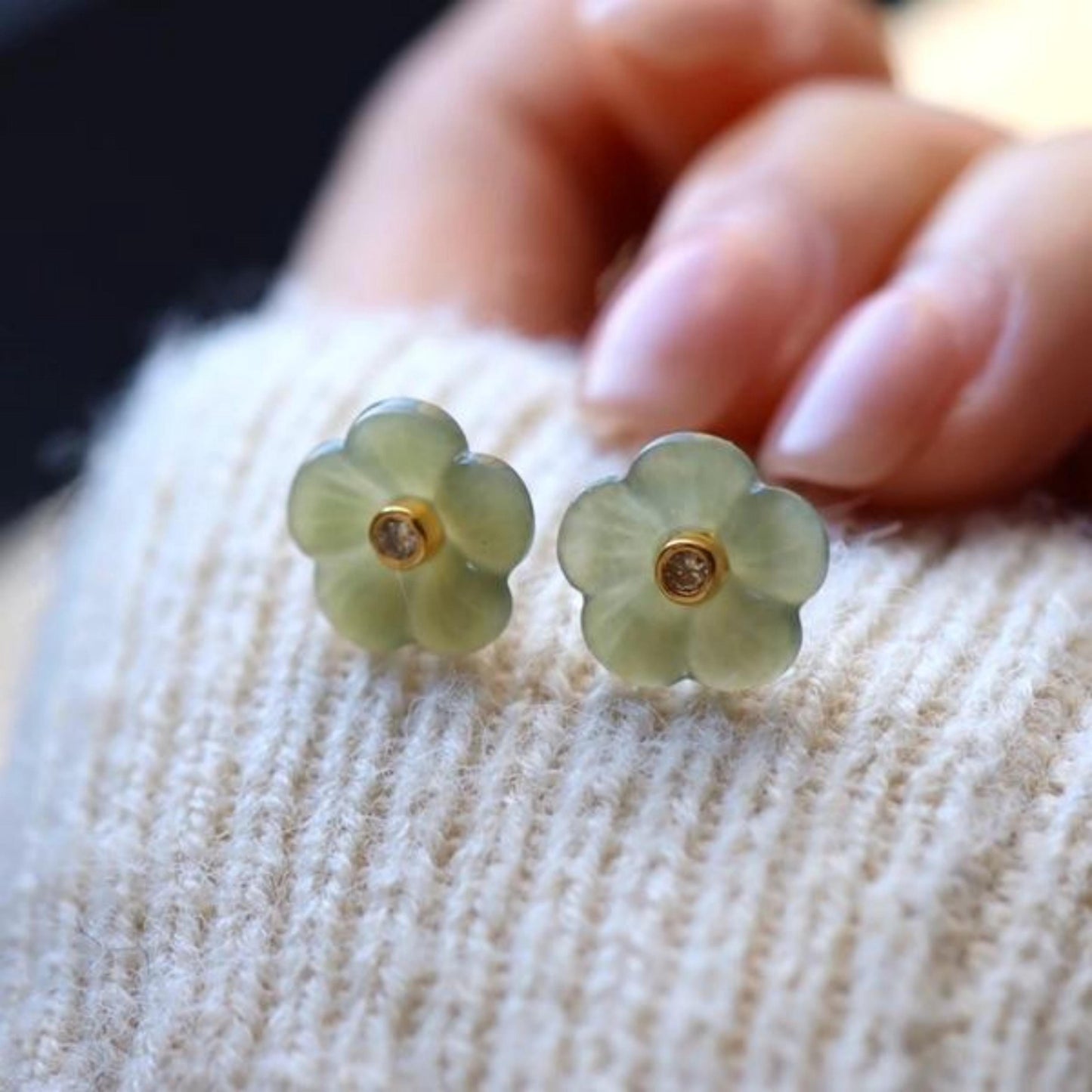 Natural jade Stud Earrings /Sterling 925 Silver 18K Gold-Plated green gray floral Studs/Customize gift box/anniversary gift/flower-shaped