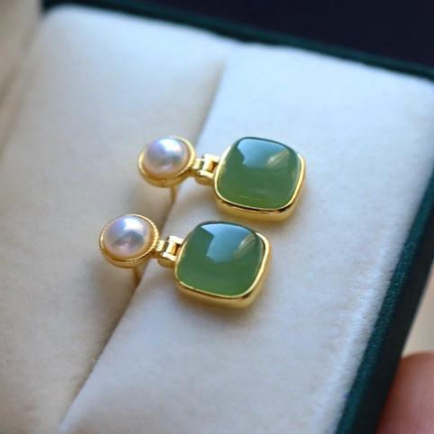 Natural green jade dangle Earrings/Sterling 925Silver 18K Gold-Plated cushion jade drops/Customize gift box/anniversary retro jade earrings