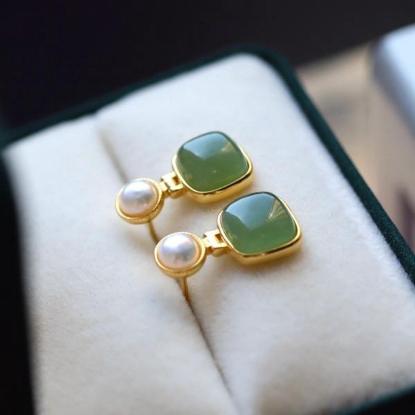 Natural green jade dangle Earrings/Sterling 925Silver 18K Gold-Plated cushion jade drops/Customize gift box/anniversary retro jade earrings