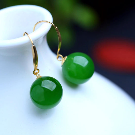 Genuine green jade dangle Earrings/Sterling 925-Silver 18KGold-Plated green jade drops/Customize gift box/anniversary gift/unique gift