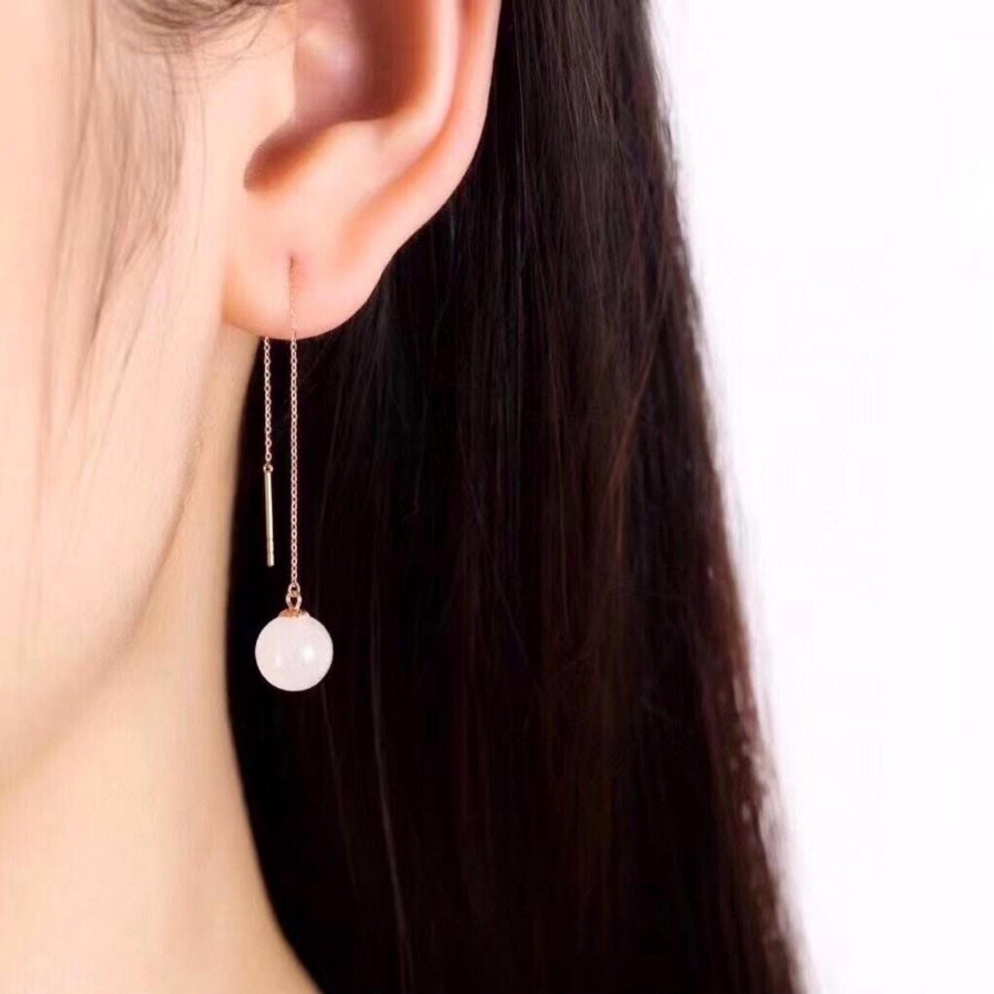 Genuine White Nephrite dangle Earrings/Sterling 925-Silver 18KGold-Plated white jade drops/Customize gift box/anniversary gift/unique gift