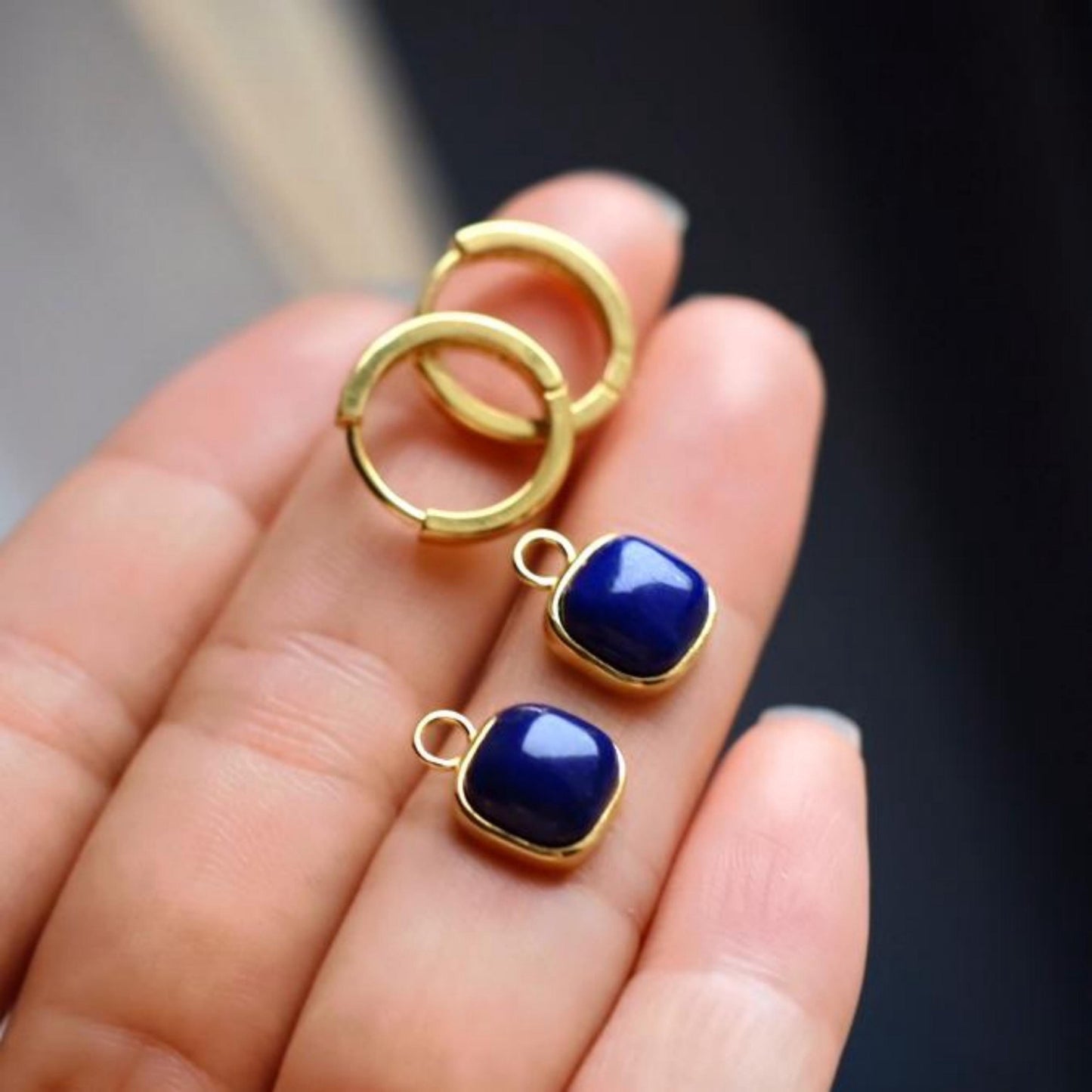 Natural Lapis lazuli dangle Earrings/Sterling 925 Silver 18k Gold-Plated Lapis lazuli drops/Customize gift box/Two ways to wear it/gift for