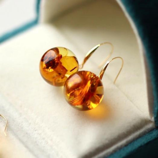 Natural Floral amber dangle Earrings /Sterling 925 Silver 18K Gold-Plated Floral amber drops/Customize gift box/anniversary gift for her