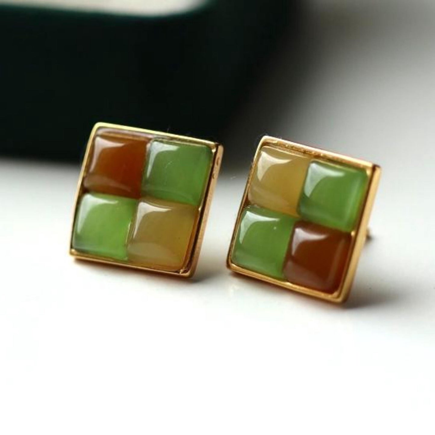 Natural rainbow jade Stud Earrings /Sterling 925 Silver 18K Gold-Plated nephrite Studs/Customize gift box/unique anniversary gift for her