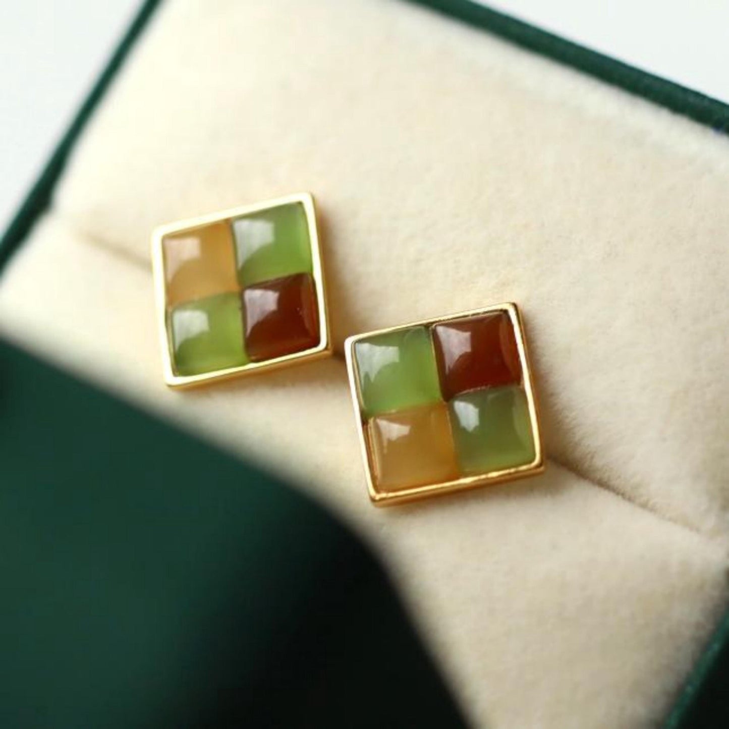 Natural rainbow jade Stud Earrings /Sterling 925 Silver 18K Gold-Plated nephrite Studs/Customize gift box/unique anniversary gift for her