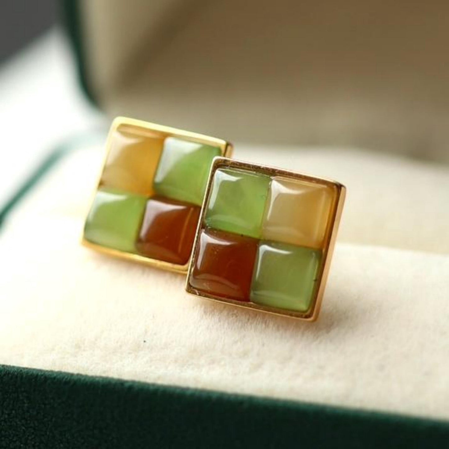 Natural rainbow jade Stud Earrings /Sterling 925 Silver 18K Gold-Plated nephrite Studs/Customize gift box/unique anniversary gift for her