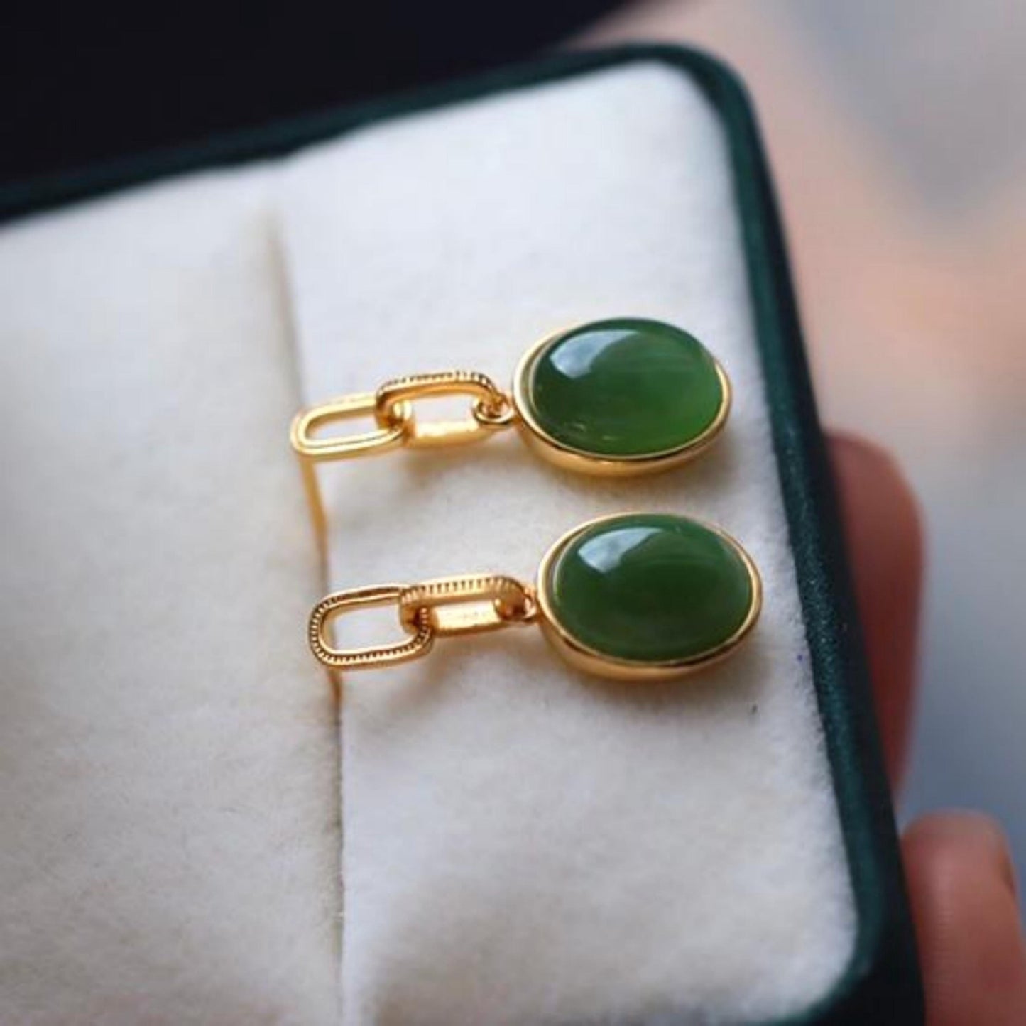 Genuine green jade dangle Earrings/Sterling 925-Silver 18KGold-Plated green oval jade drops/Customize gift box/anniversary gift/unique gift