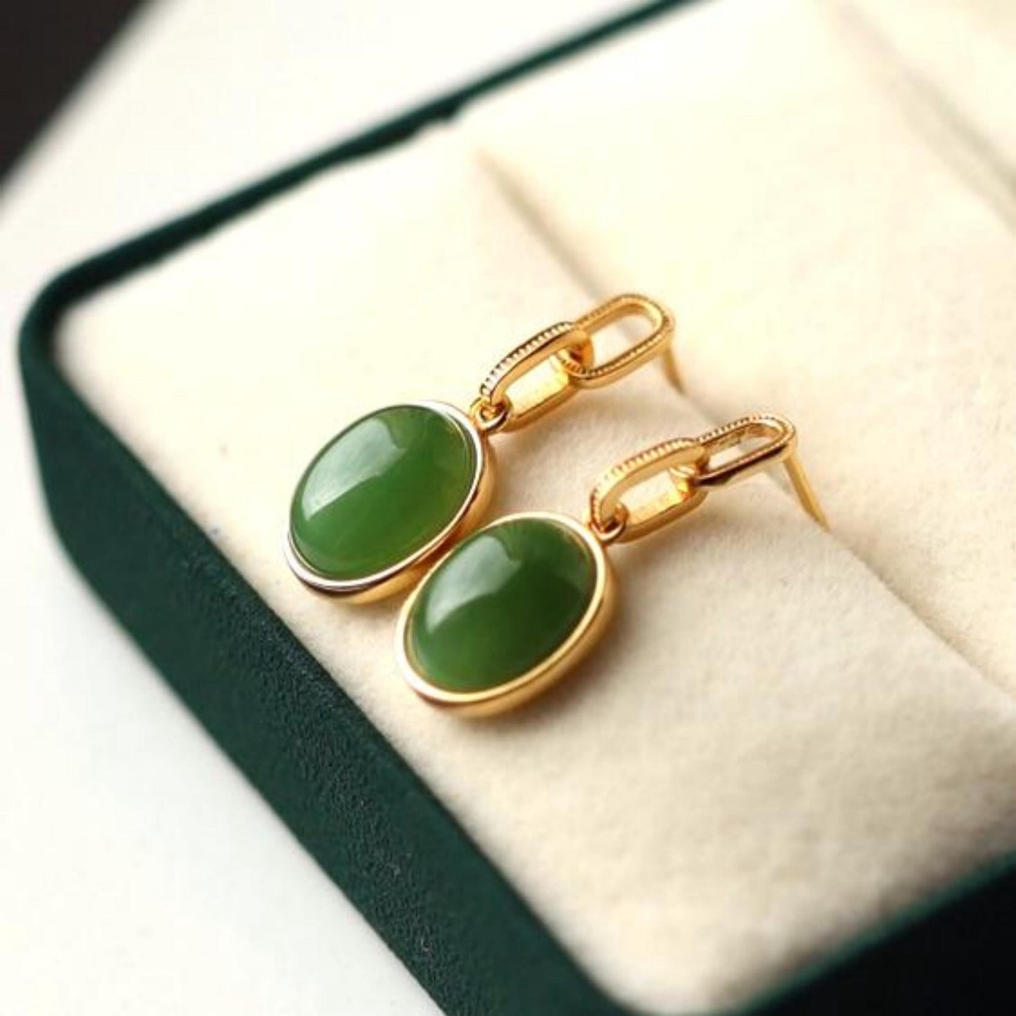 Genuine green jade dangle Earrings/Sterling 925-Silver 18KGold-Plated green oval jade drops/Customize gift box/anniversary gift/unique gift