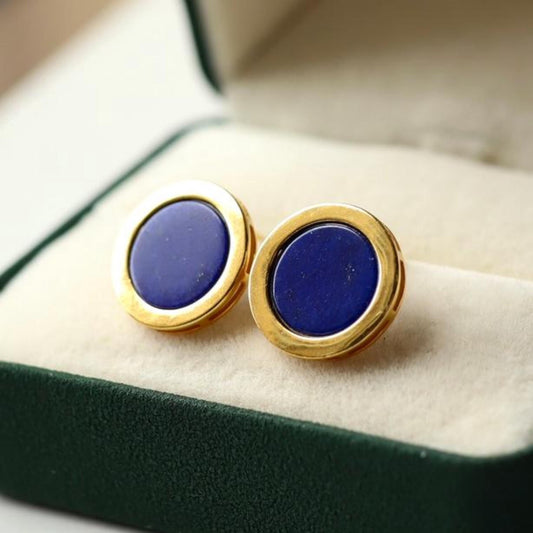 Natural Lapis lazuli Stud Earrings /Sterling 925-Silver Gold-Plated round Lapis lazuli Studs/Customize gift box/anniversary gift/minimalist