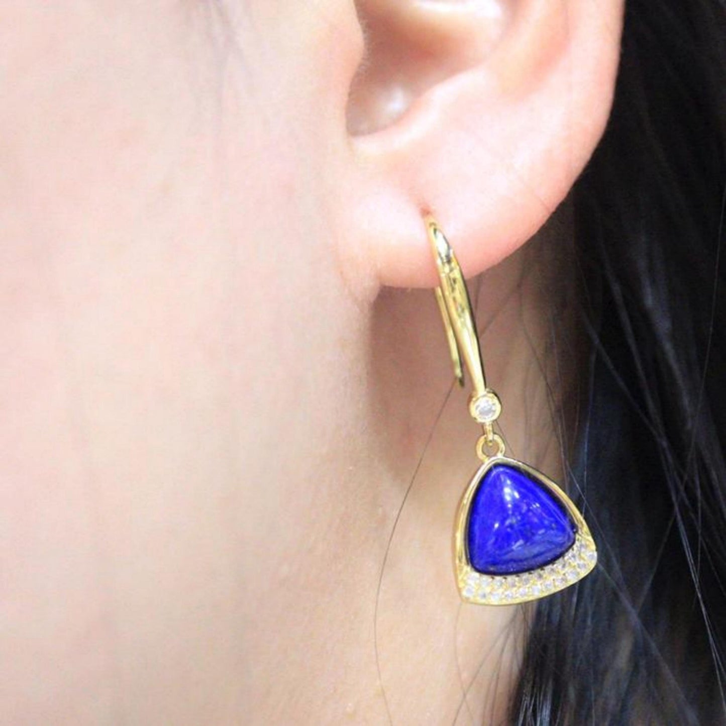 Natural Lapis lazuli dangle Earrings/Sterling 925-Silver Gold-Plated Triangle Lapis lazuli drops/Customize gift box/anniversary gift for her