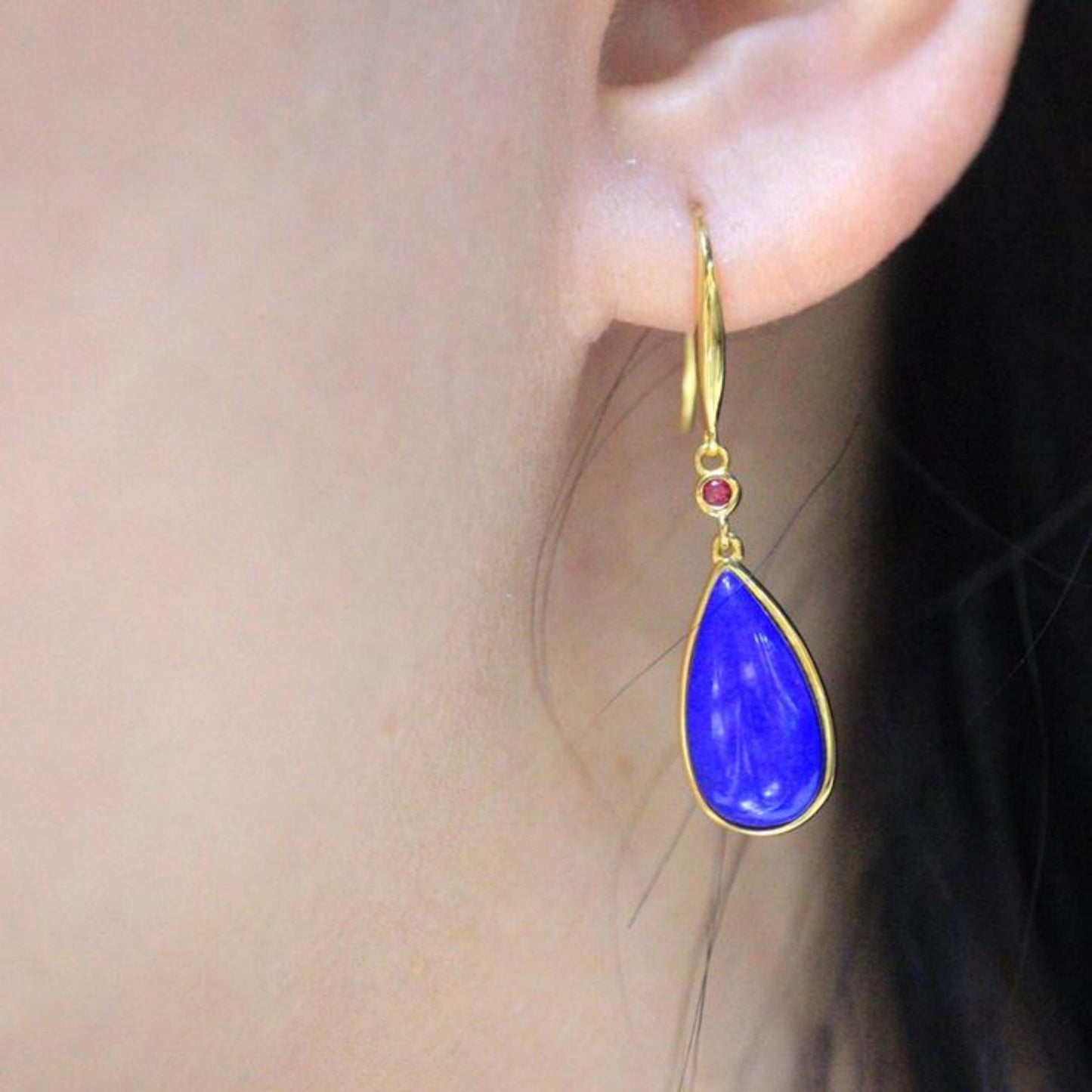 Natural Lapis lazuli dangle Earrings/Sterling 925-Silver Gold-Plated pear Lapis lazuli drops/Customize gift box/anniversary gift for her