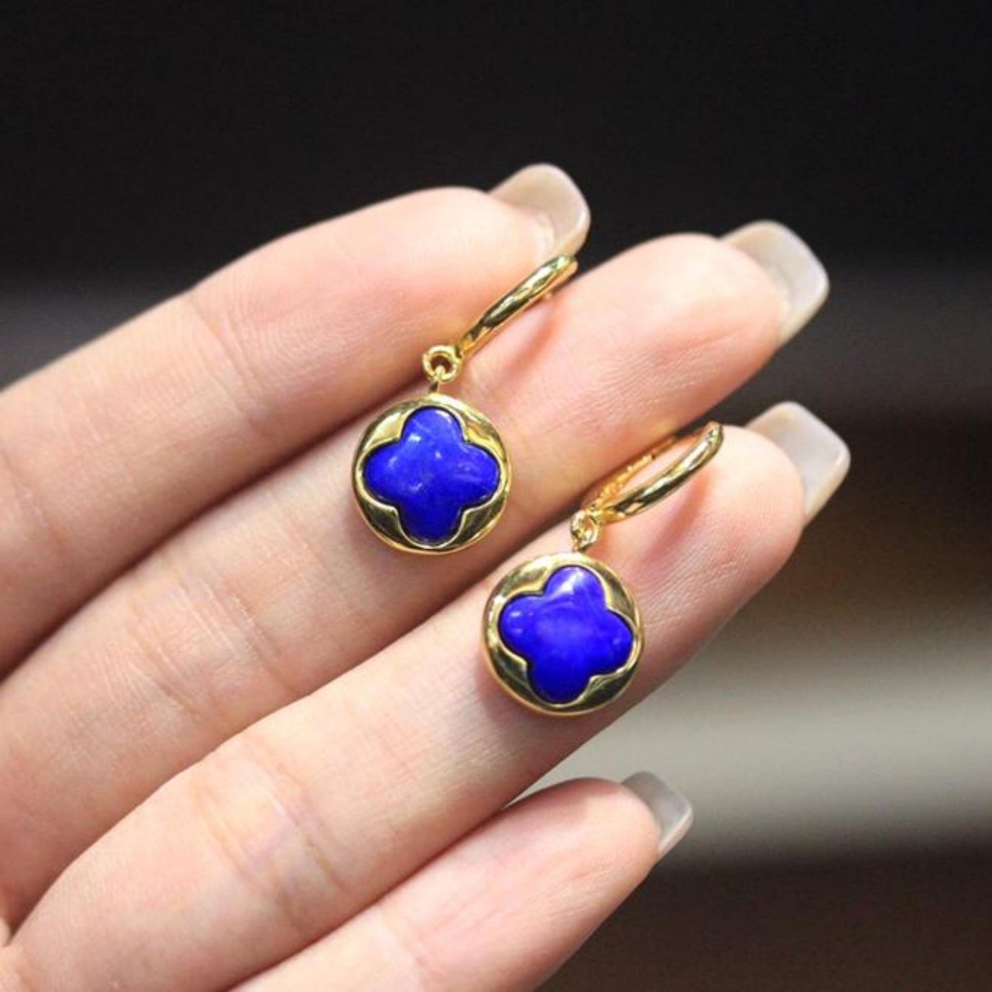 Natural Lapis lazuli dangle Earrings/Sterling 925-Silver Gold-Plated Four-leaf clover Lapis lazuli drops/Customize gift box/anniversary gift