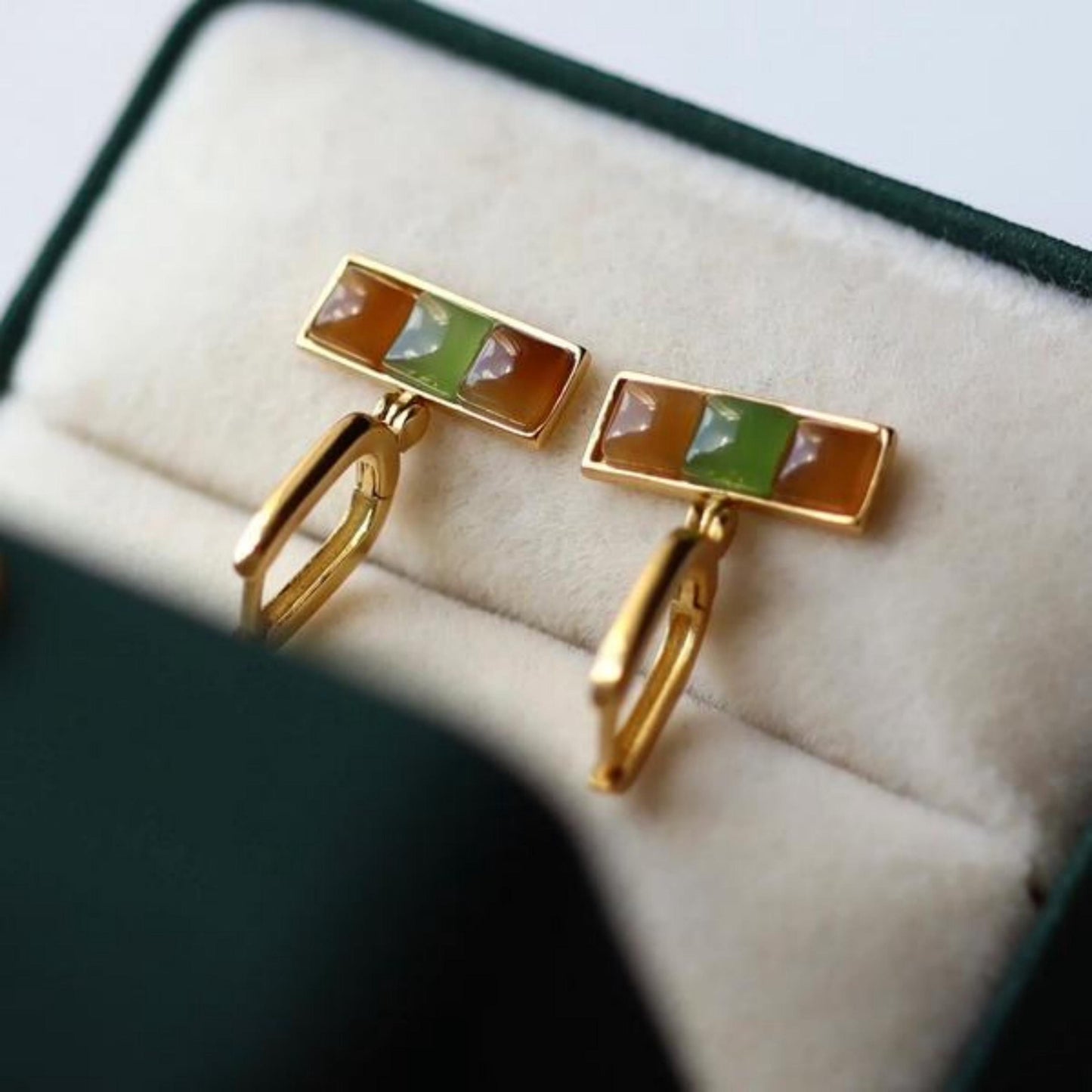 Natural rainbow jade dangle Earrings /Sterling 925 Silver 18K Gold-Plated nephrite drops/Customize gift box/unique anniversary gift for her