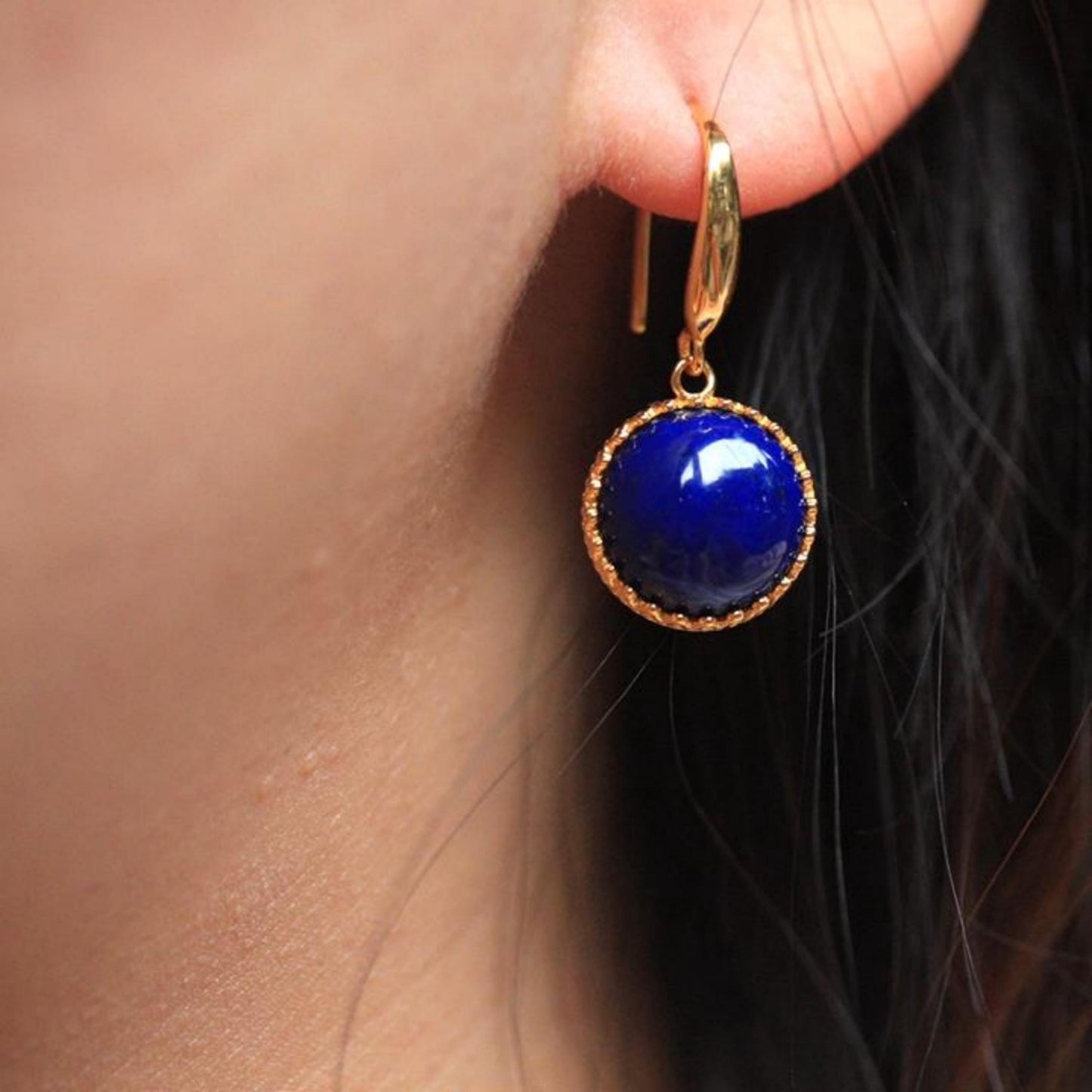 Natural Lapis lazuli dangle Earrings/Sterling 925-Silver Gold-Plated round Lapis lazuli retro drops/Customize gift box/anniversary gift