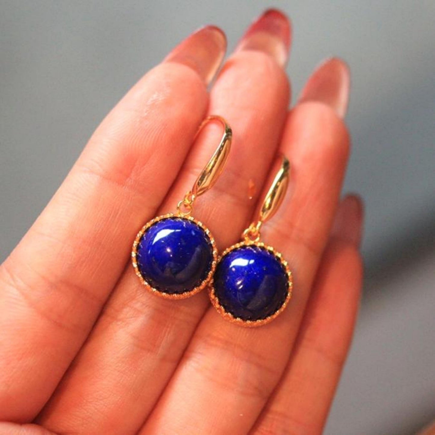 Natural Lapis lazuli dangle Earrings/Sterling 925-Silver Gold-Plated round Lapis lazuli retro drops/Customize gift box/anniversary gift