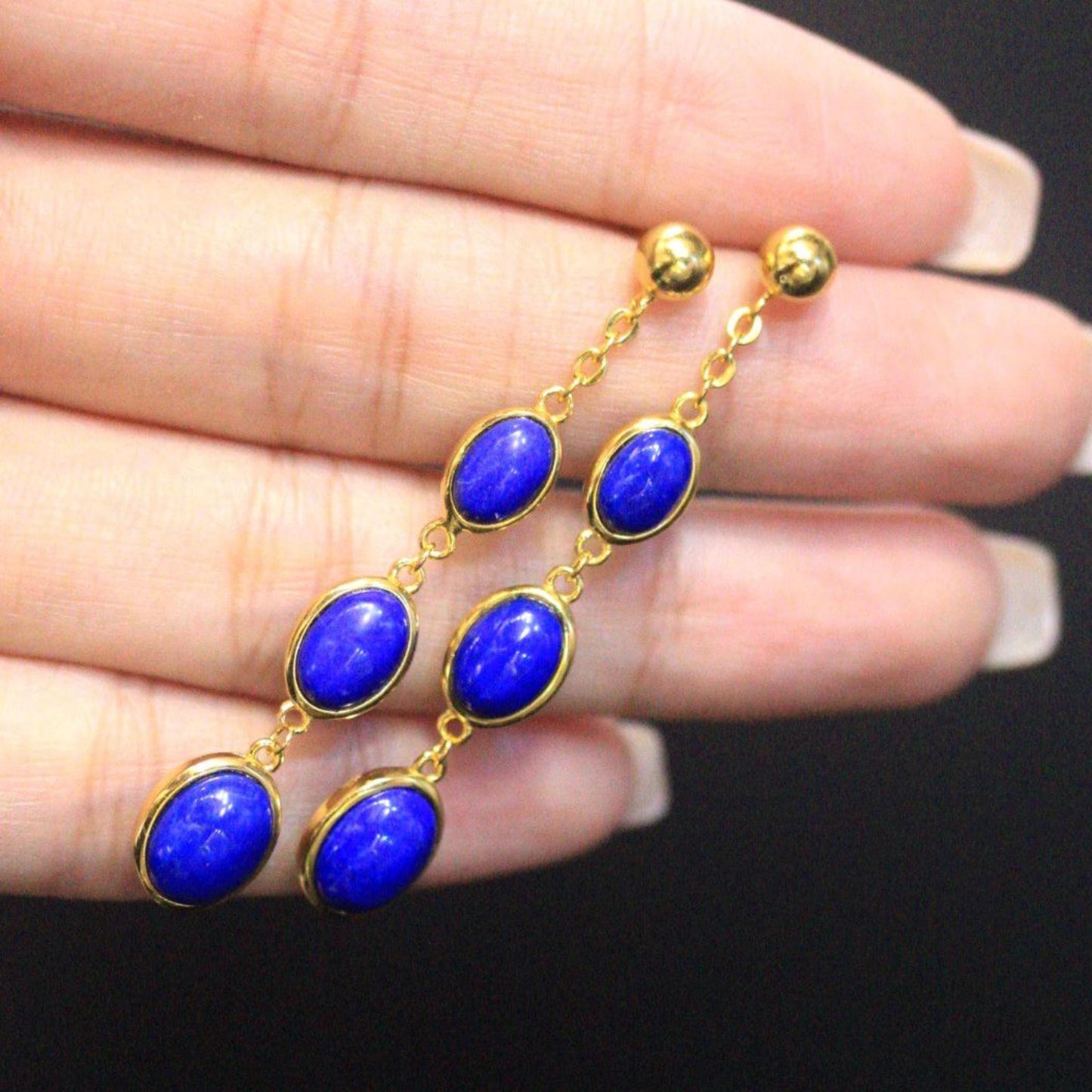 Natural Lapis lazuli dangle Earrings/Sterling 925-Silver Gold-Plated oval Lapis lazuli retro drops/Customize gift box/anniversary gift