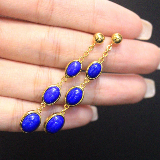 Natural Lapis lazuli dangle Earrings/Sterling 925-Silver Gold-Plated oval Lapis lazuli retro drops/Customize gift box/anniversary gift