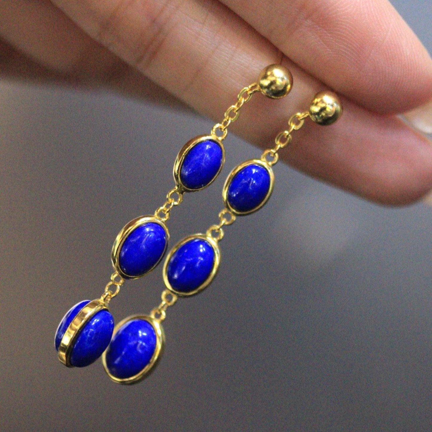 Natural Lapis lazuli dangle Earrings/Sterling 925-Silver Gold-Plated oval Lapis lazuli retro drops/Customize gift box/anniversary gift