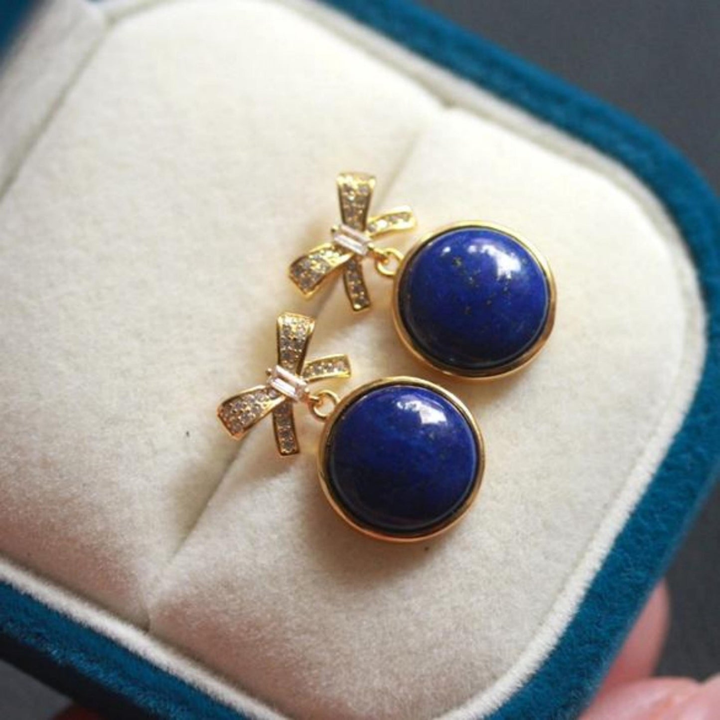 Natural Lapis lazuli dangle Earrings/Sterling 925-Silver Gold-Plated round Lapis lazuli drops/Customize gift box/anniversary gift for her