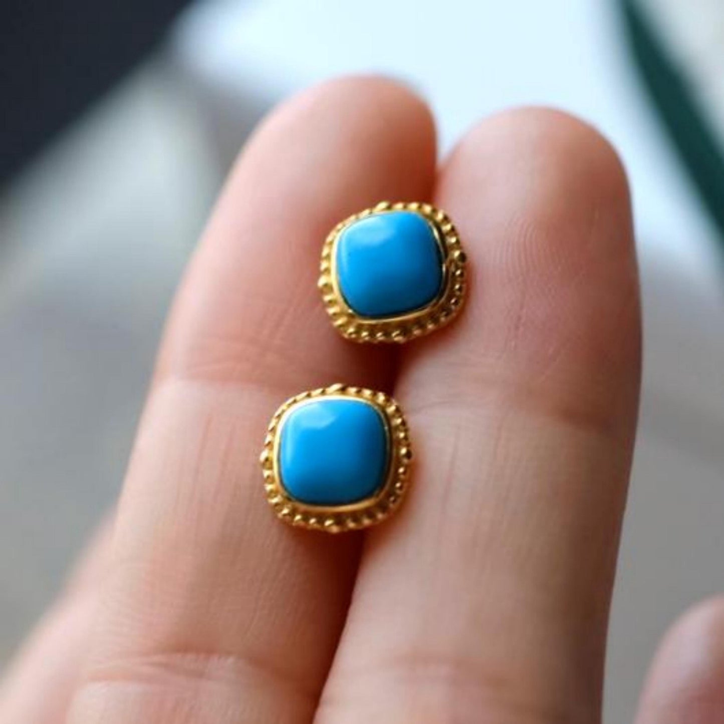 Genuine Turquoise stud Earrings /Sterling 925Silver 18KGold-Plated Turquoise studs/Customize gift box/December birthstone gift/ins studs