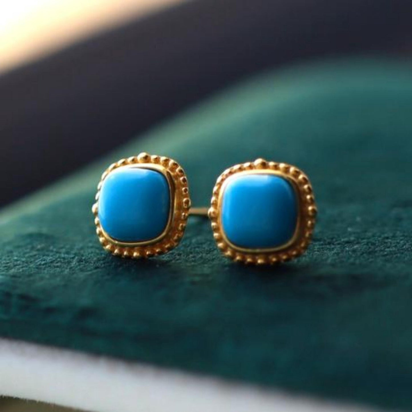 Genuine Turquoise stud Earrings /Sterling 925Silver 18KGold-Plated Turquoise studs/Customize gift box/December birthstone gift/ins studs