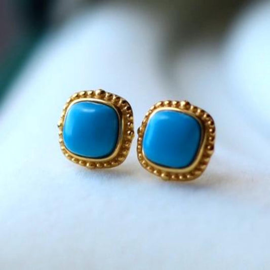 Genuine Turquoise stud Earrings /Sterling 925Silver 18KGold-Plated Turquoise studs/Customize gift box/December birthstone gift/ins studs