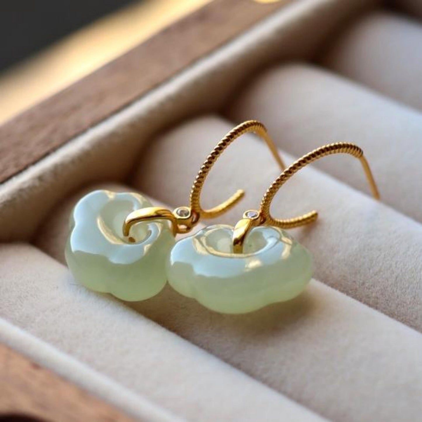 Natural Nephrite dangle Earrings /Sterling 925 Silver 18KGold-Plated Nephrite drop & dangle earrings/Customize gift box/anniversary gift