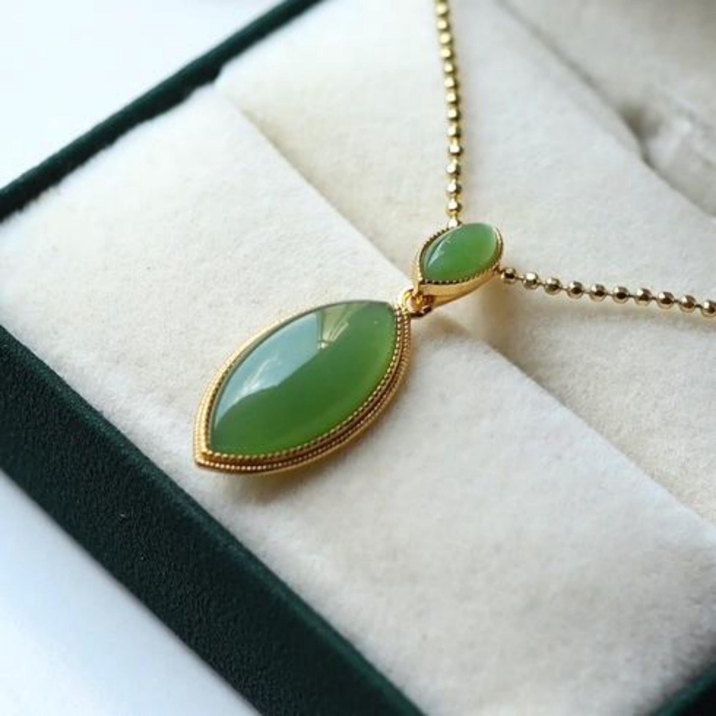 Natural green jade pendant/Sterling 925Silver 18KGold-Plated marquise jade pendant/Customize gift box/anniversary retro raw jade pendant