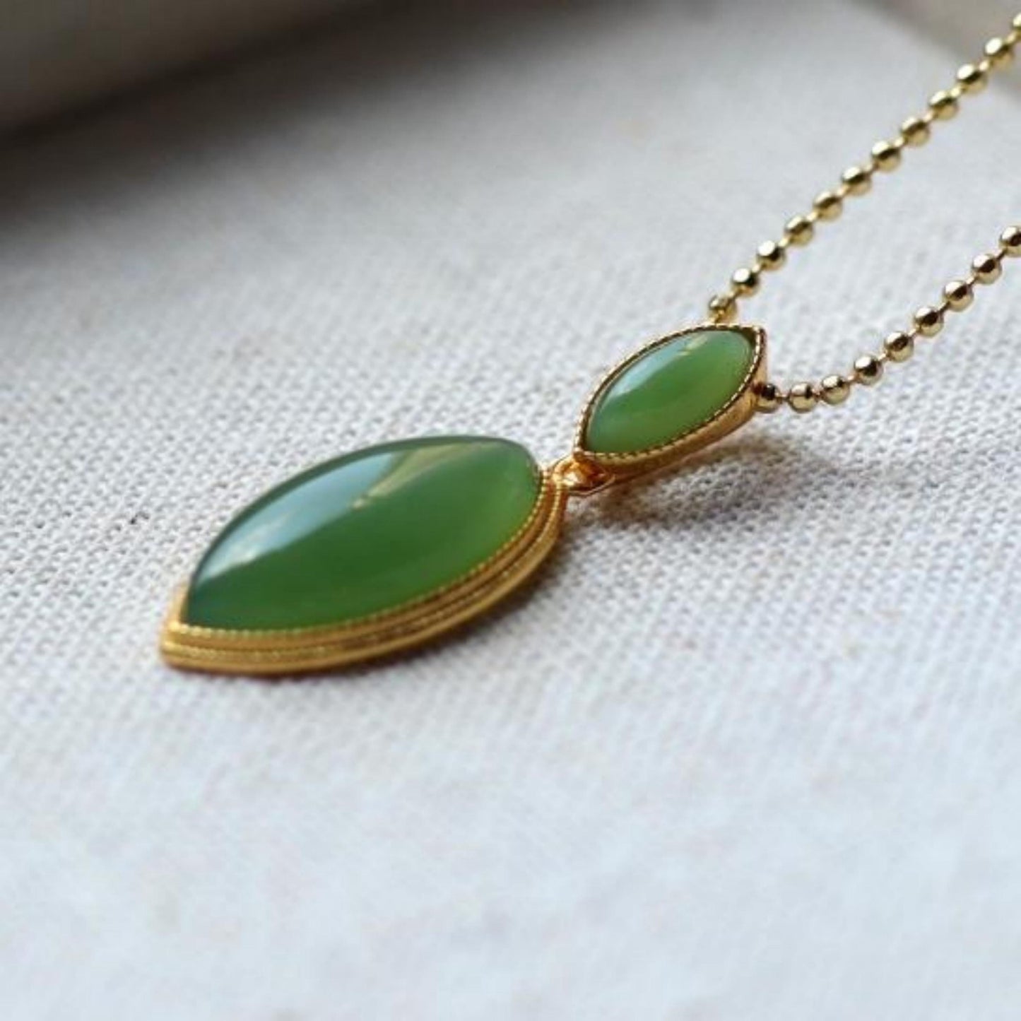 Natural green jade pendant/Sterling 925Silver 18KGold-Plated marquise jade pendant/Customize gift box/anniversary retro raw jade pendant